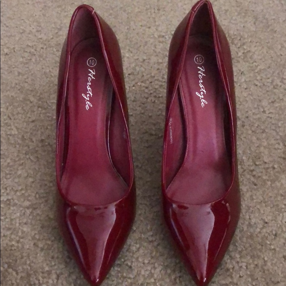 Deep red pointed toe high heels